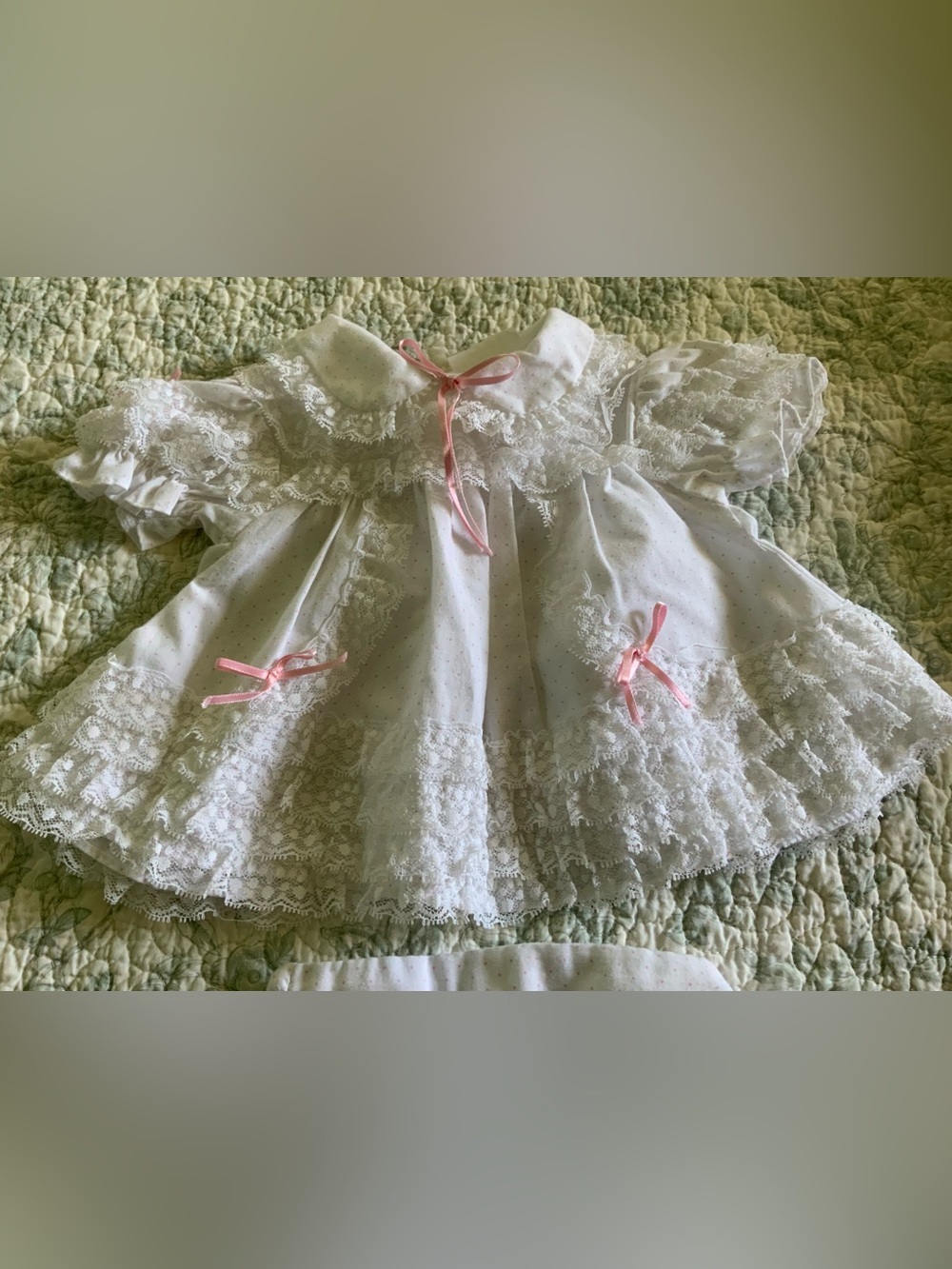 Vintage-White Lace Baby Dress Set with Pink Ribbon Accents